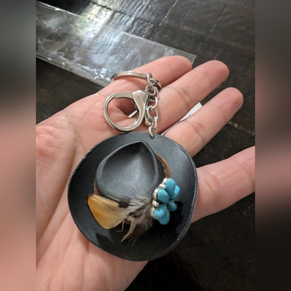 Black Mini Keychain Western Cowboy Hat Black and Turquoise Feather Key Holder - Picture 1 of 9